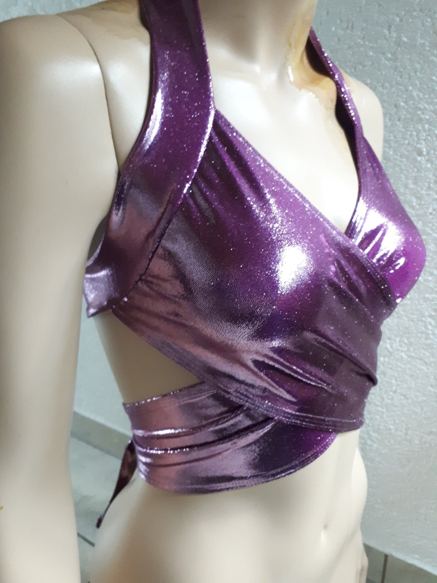 Bandage Top Wickel Bluse Bikini Oberteil Beerenfarben Metallic bauchfrei Tanzsport - Lycra Dessous - SEXSENSE