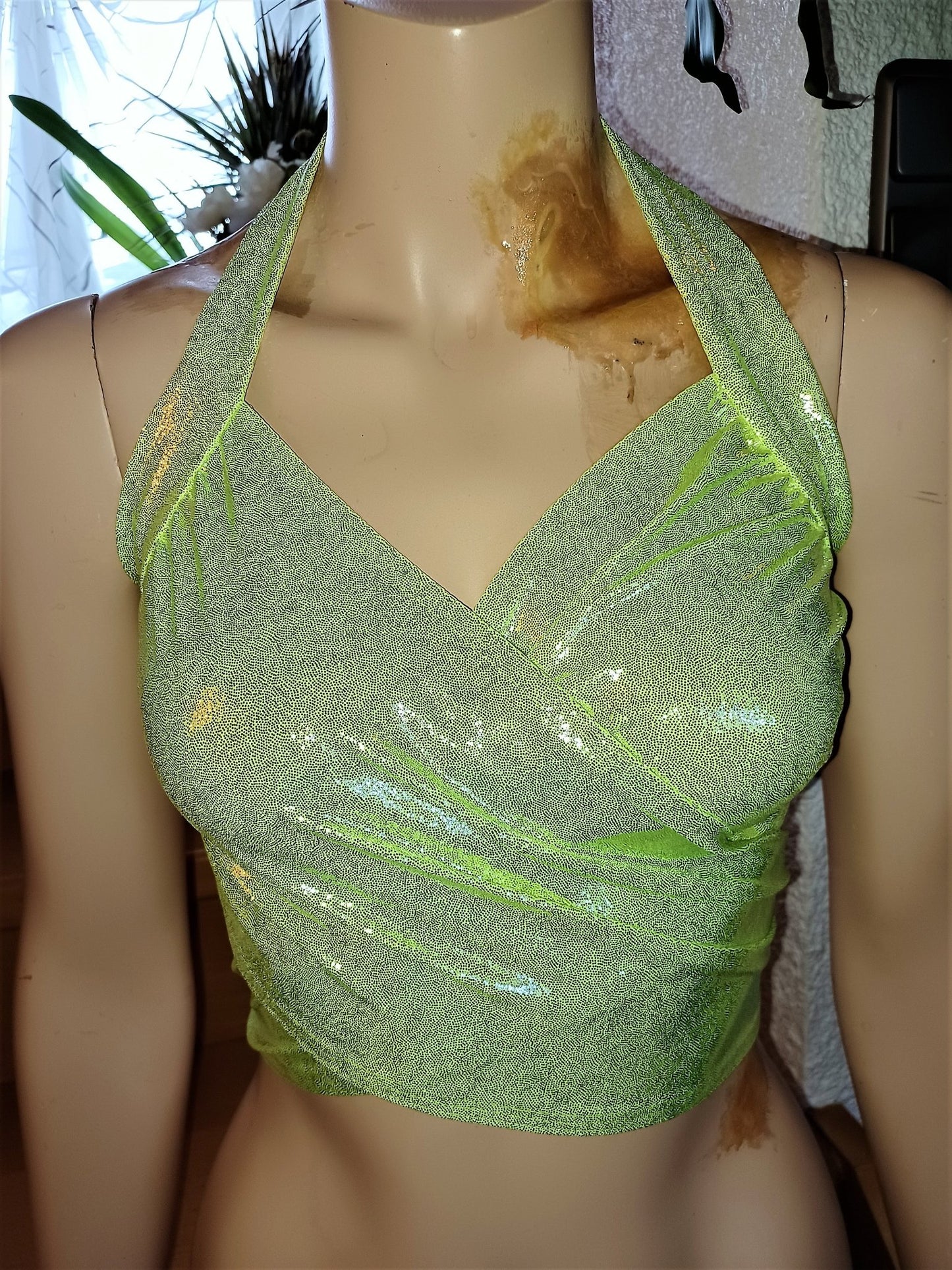 Bandage Wickel - Top Bikini Oberteil Neongelb mit Silber laminiert bauchfrei Tanzsport - Lycra - SEXSENSE
