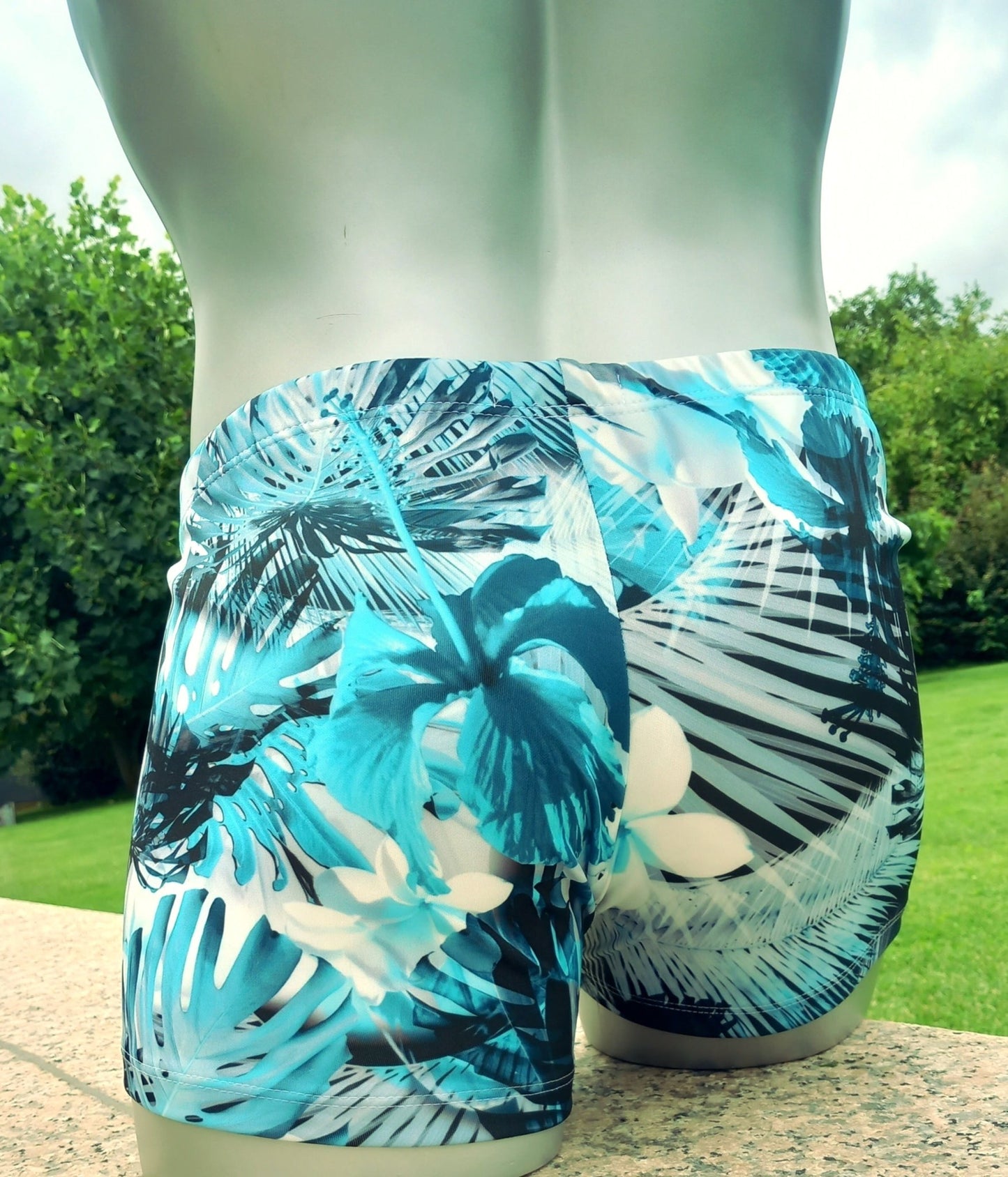 Boxershorts Badeshorts elastisch Scuba Jersey Dschungel - Print türkis/schwarz/weiß - SEXSENSE