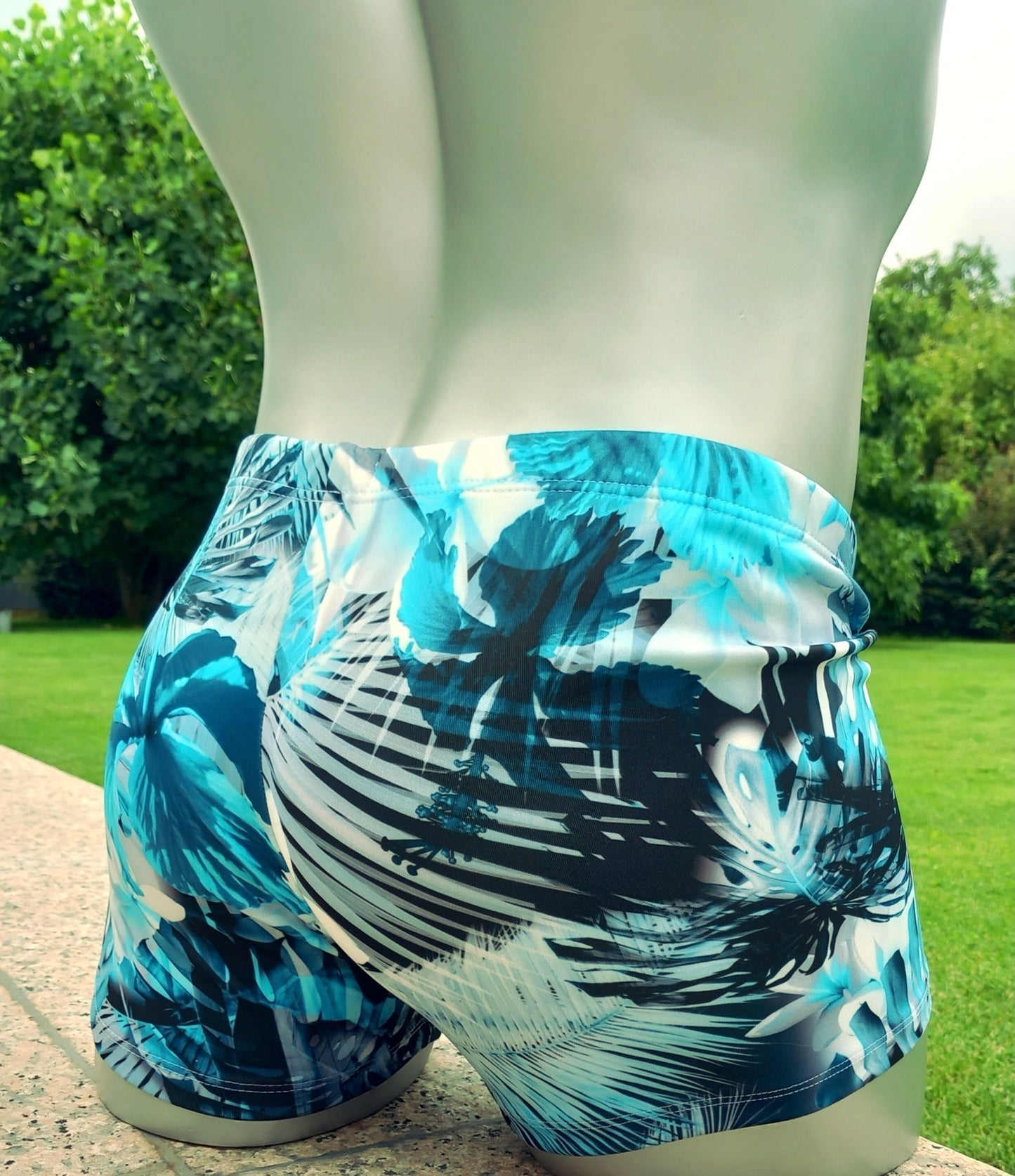 Boxershorts Badeshorts elastisch Scuba Jersey Dschungel - Print türkis/schwarz/weiß - SEXSENSE