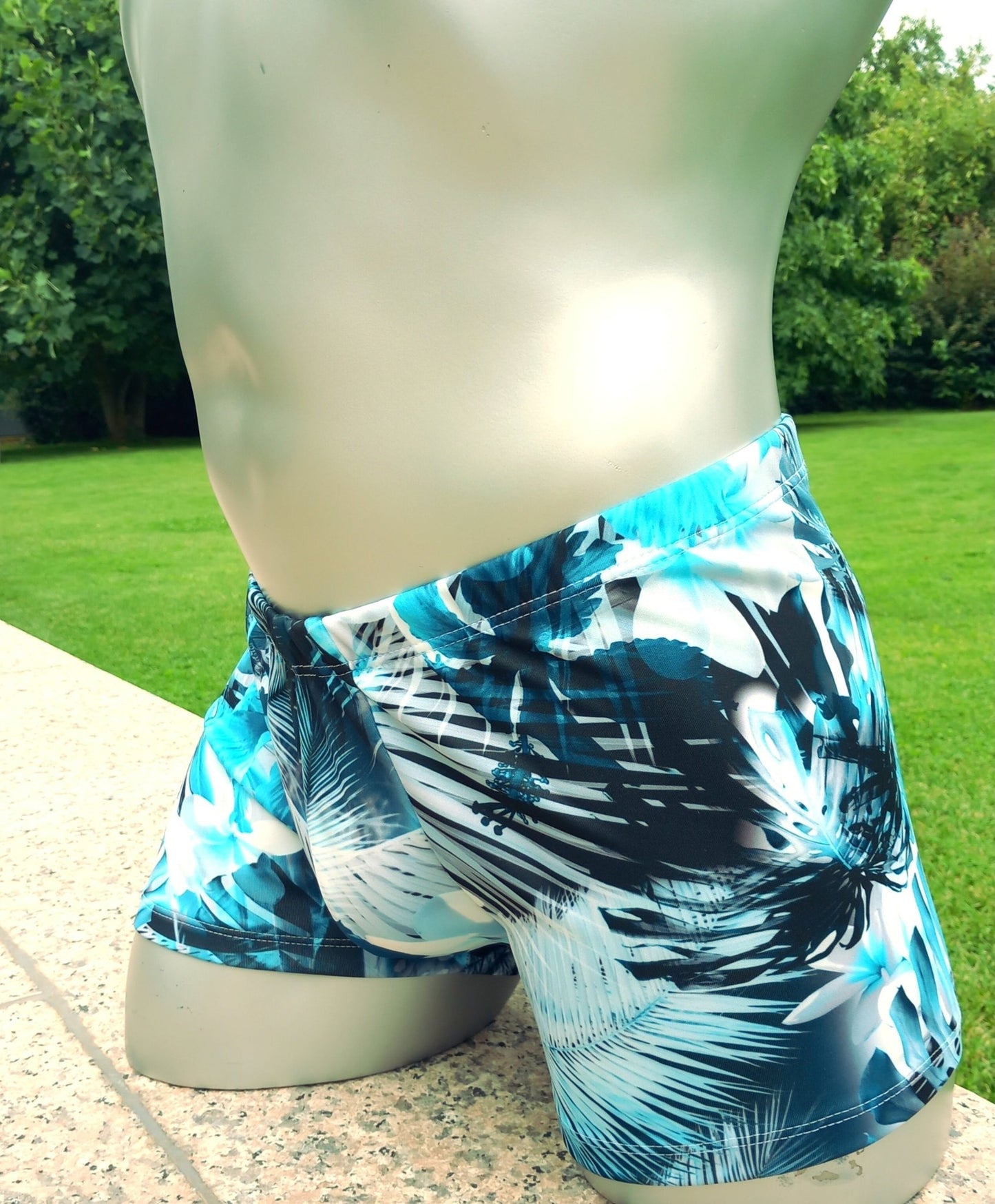 Boxershorts Badeshorts elastisch Scuba Jersey Dschungel - Print türkis/schwarz/weiß - SEXSENSE