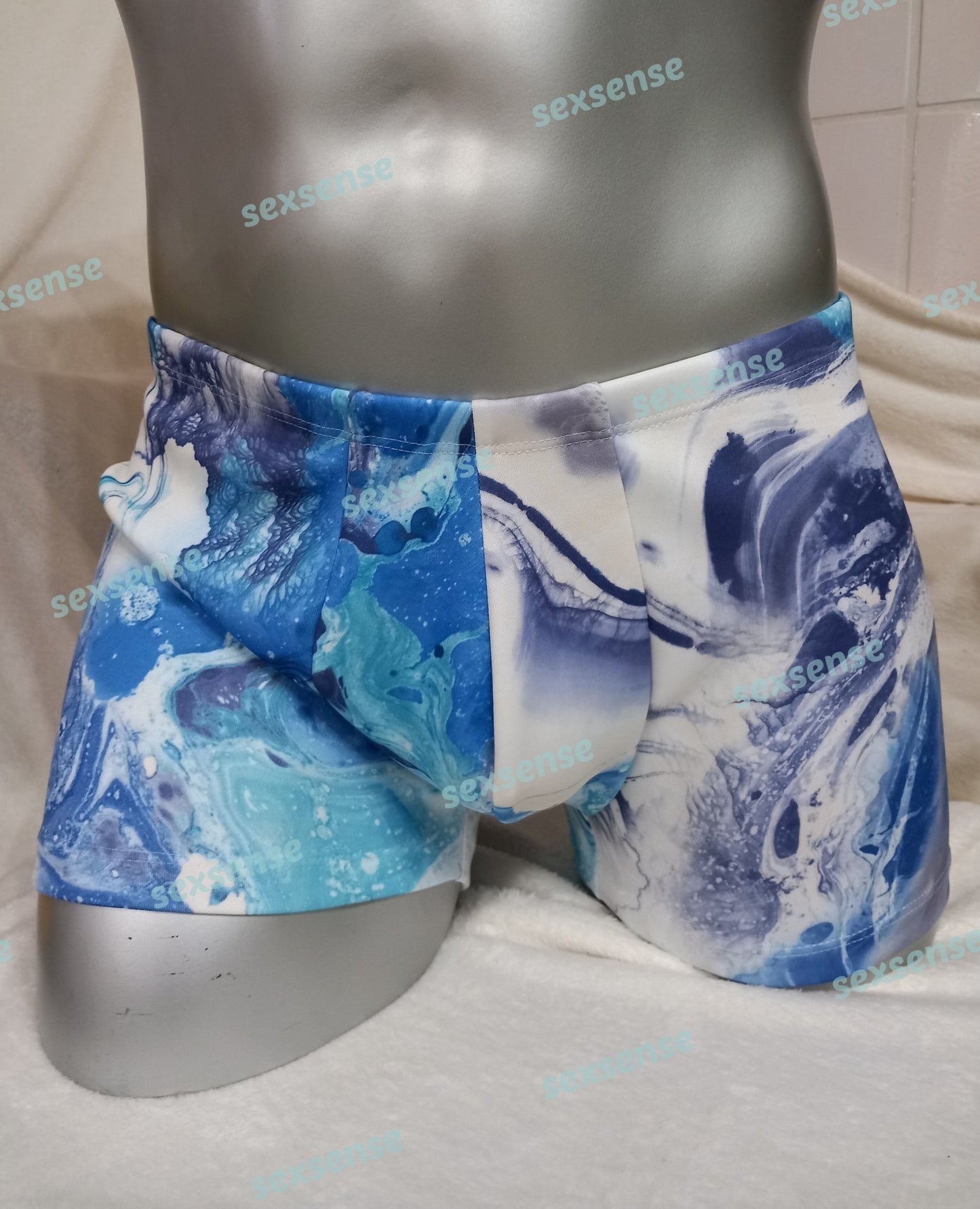 Boxershorts Badeshorts Badehose elastischer Scuba Jersey in Blau Marmor Optik - SEXSENSE