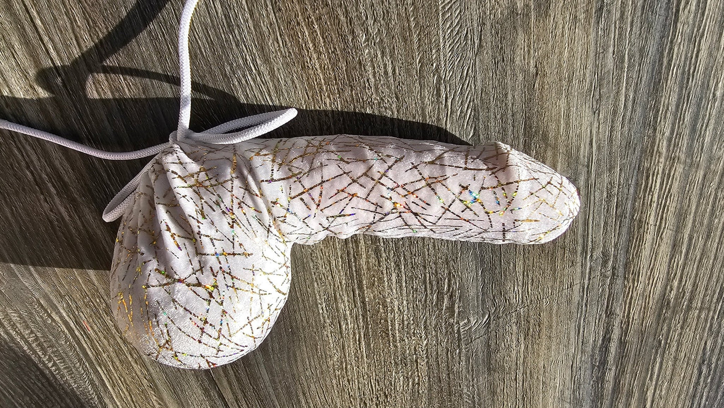 Penissocke Lümmeltüte Juwelensäckchen weißer Lycra Samt mit Gold Hologramm Sackhalter Willy - Pyjama - SEXSENSE