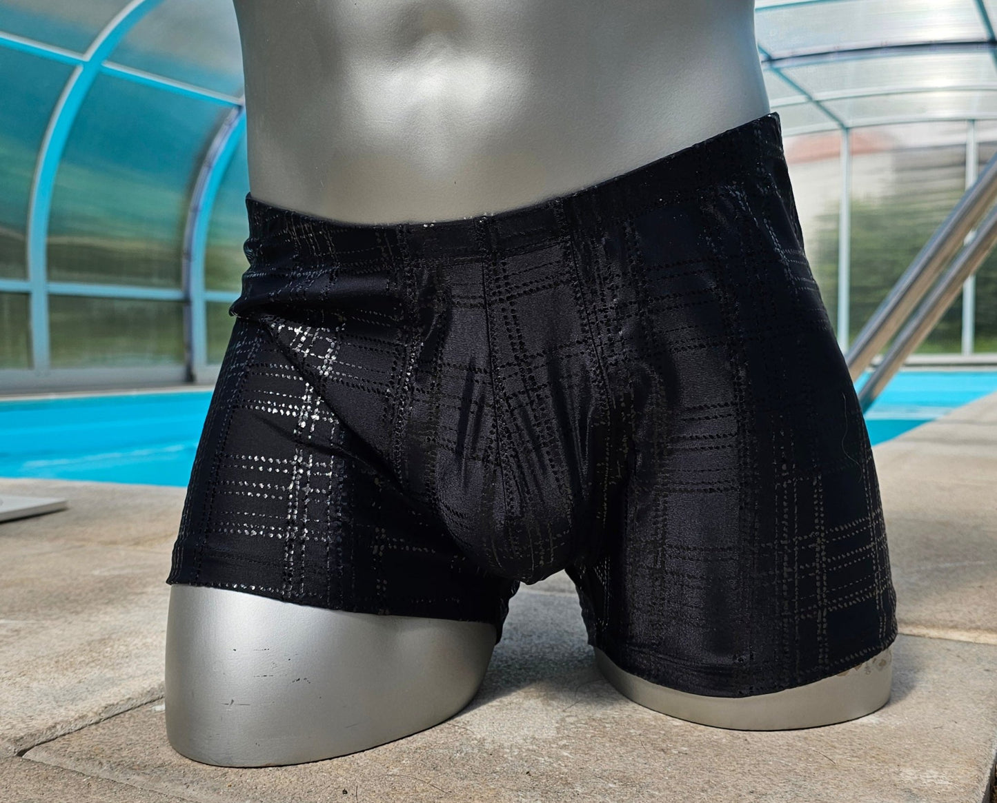 Boxershorts Badeshorts Lycra Karo - Lackoptik Hochglanz Stretch Herren Badehose - SEXSENSE