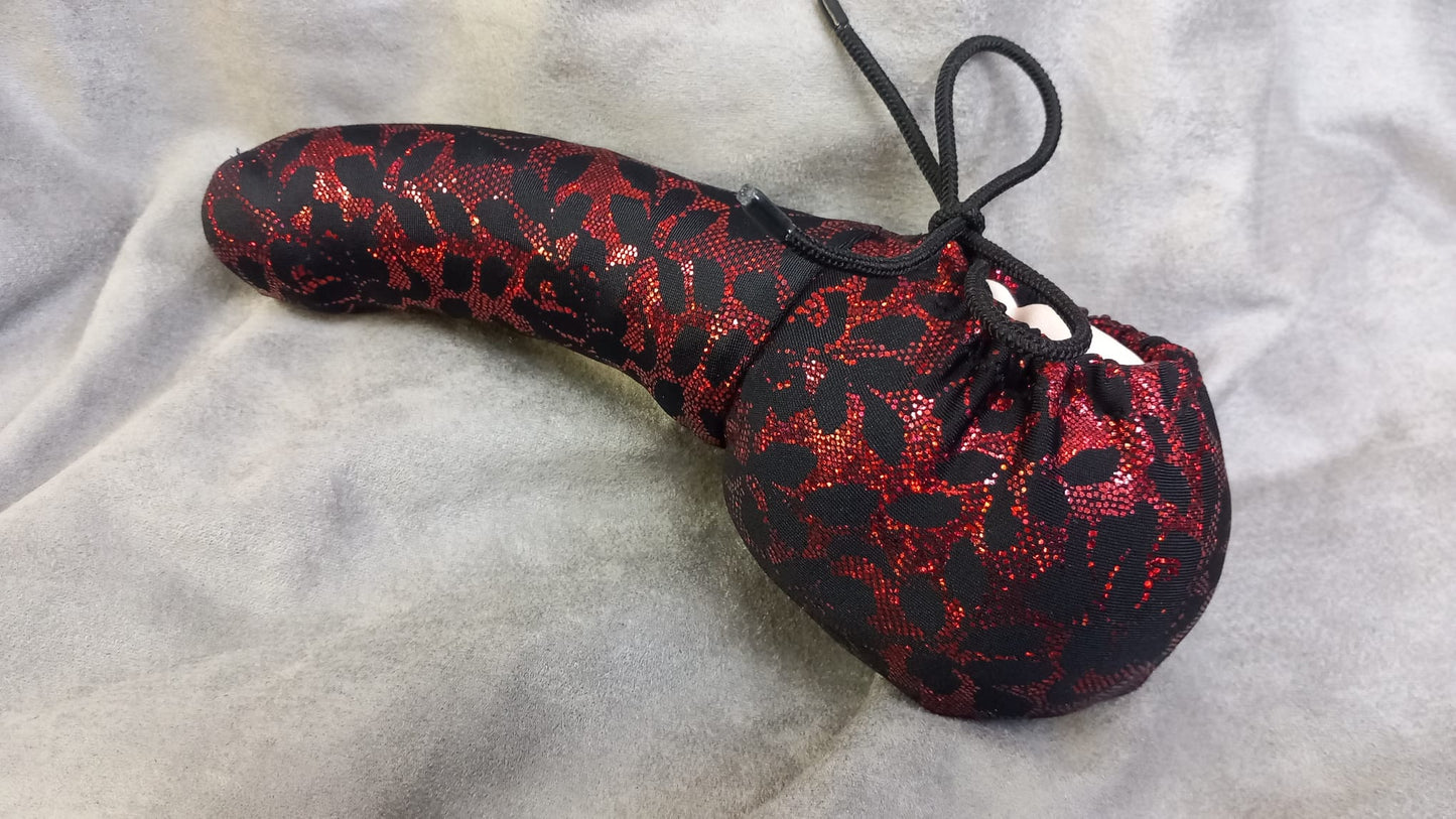 Penissocke, Lümmeltüte, Juwelensäckchen, schwarz/rot Hochglanz Sackhalter Lycra Willypyjama - SEXSENSE