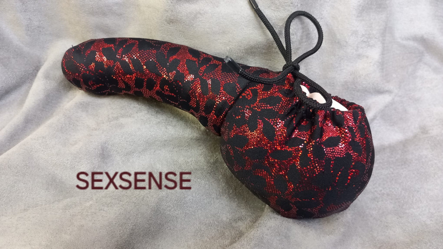 Penissocke, Lümmeltüte, Juwelensäckchen, schwarz/rot Hochglanz Sackhalter Lycra Willypyjama - SEXSENSE