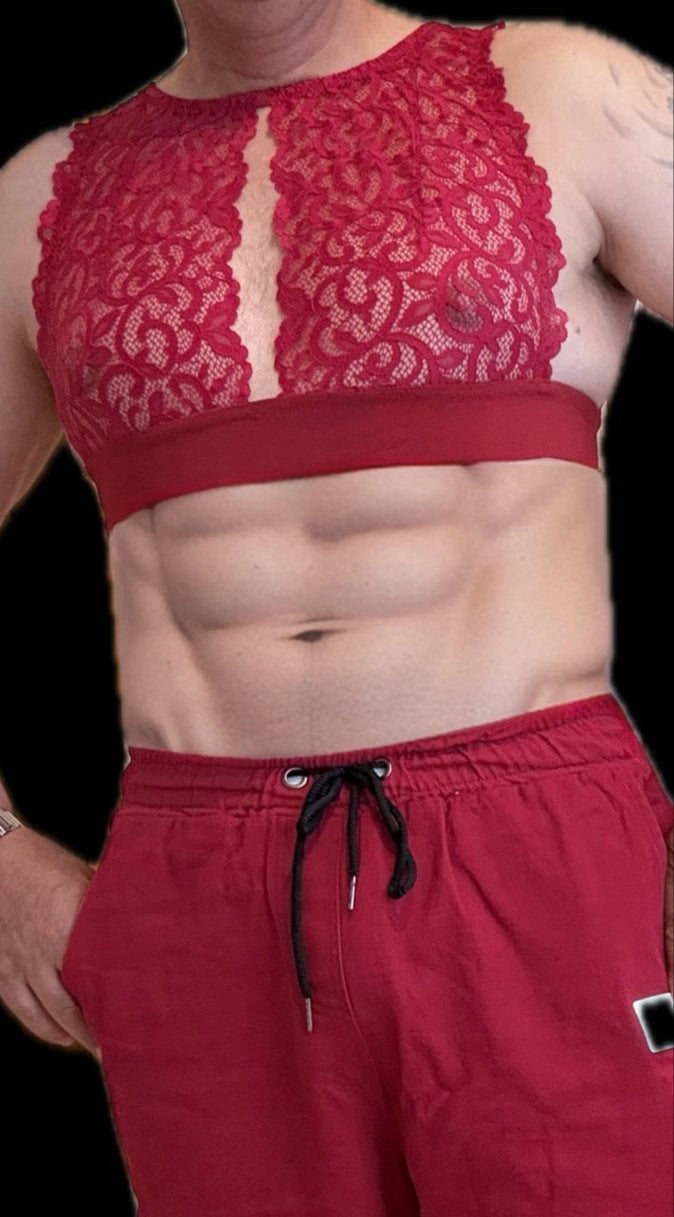 Lingerie pour hommes soutien-gorge bustier sous-vêtements Sissy dentelle élastique haut rouge framboise chemise unique