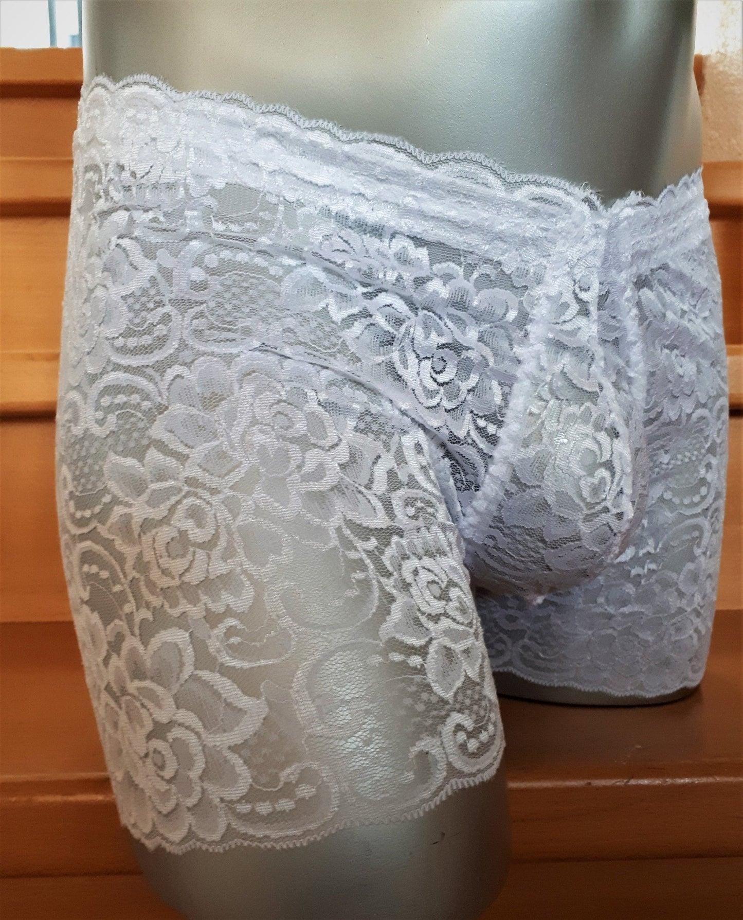 Boxershorts elastische Spitze off - White mit Push - up Suspensorium Herren Dessous Unterwäsche Sissy Gay - SEXSENSE