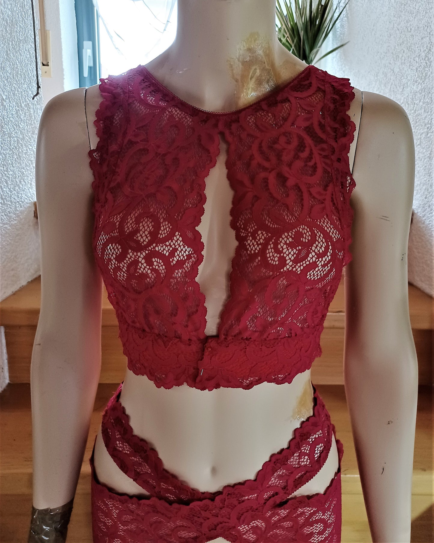 Lingerie Femme Soutien-Gorge Bustier Sous-Vêtements Dentelle Élastique Haut Rouge Framboise Chemise Unique