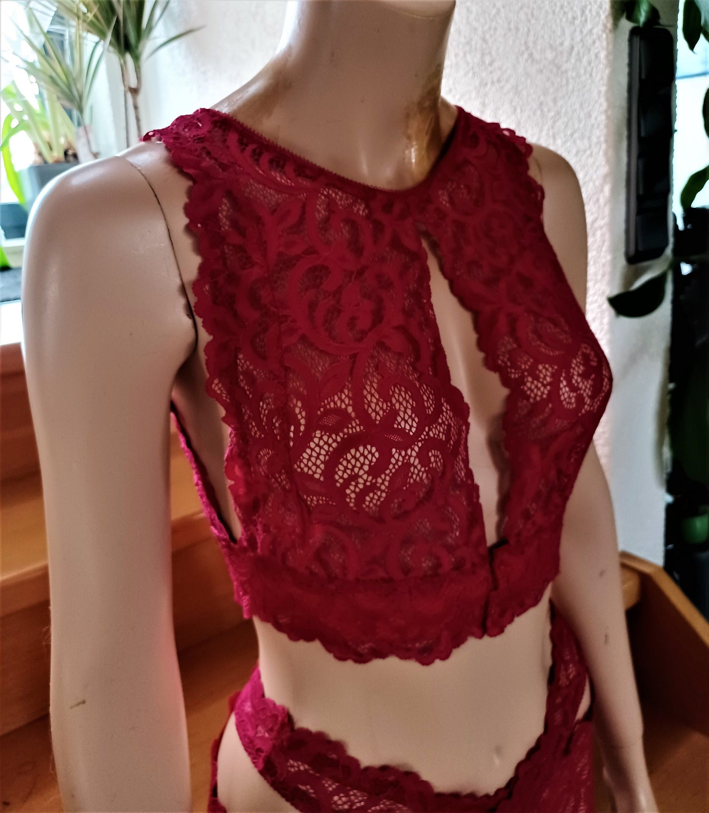 Lingerie Femme Soutien-Gorge Bustier Sous-Vêtements Dentelle Élastique Haut Rouge Framboise Chemise Unique