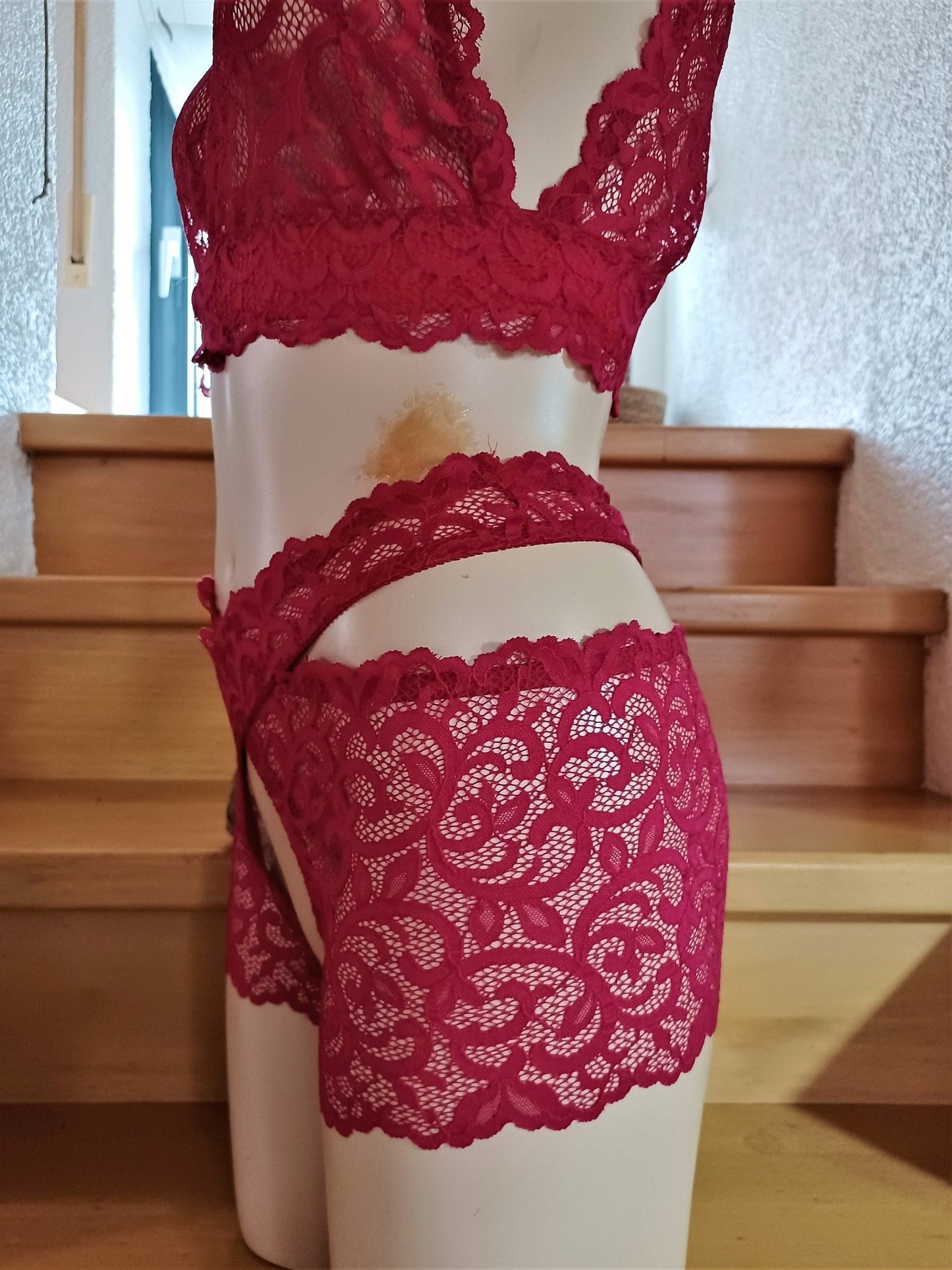 Damen Stay Hip, ouvert Oberschenkelschoner, Strumpfbänder Straps, elastische Spitze rot Halterloser UNIKAT, sexy Dessous, Fetisch - SEXSENSE