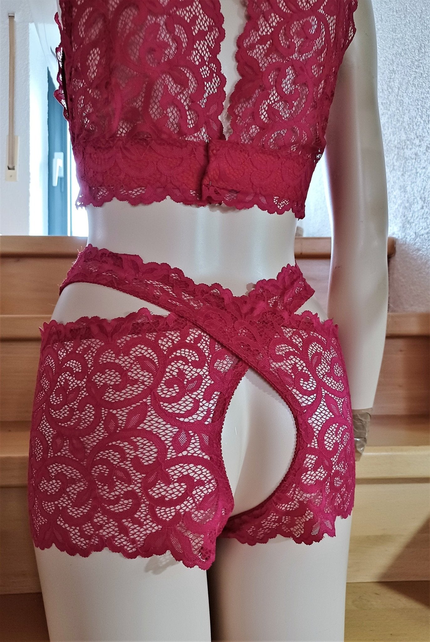 Damen Stay Hip, ouvert Oberschenkelschoner, Strumpfbänder Straps, elastische Spitze rot Halterloser UNIKAT, sexy Dessous, Fetisch - SEXSENSE