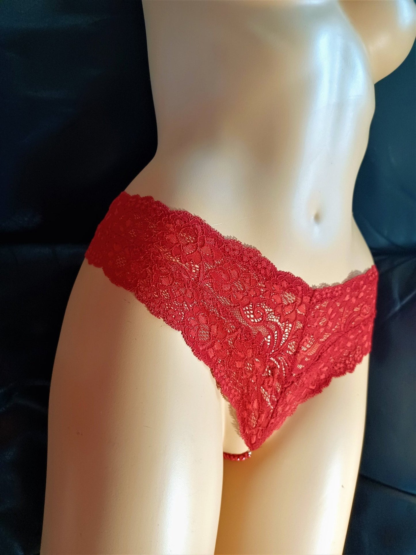 Damen Perlen String rot elastische Spitze mit echte Süßwasser - Perlen Dessous sexy Lingerie Slip - SEXSENSE