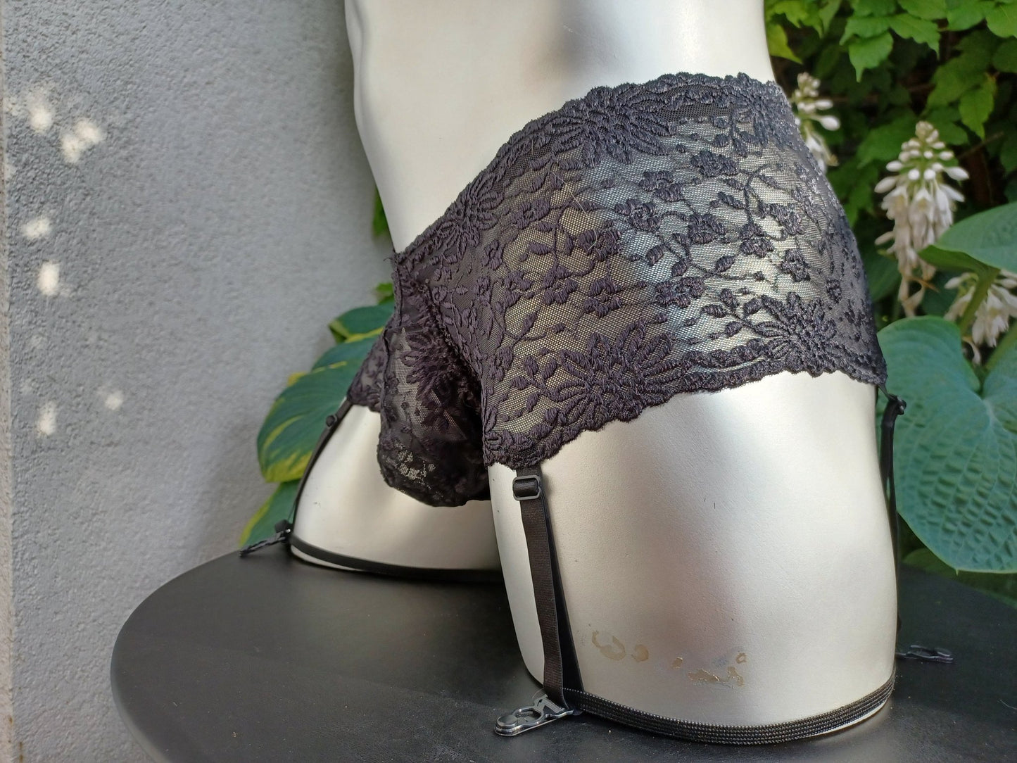 Strapse elastische Spitze schwarz Tanzgürtel ouvert mit Suspensorium - SEXSENSE