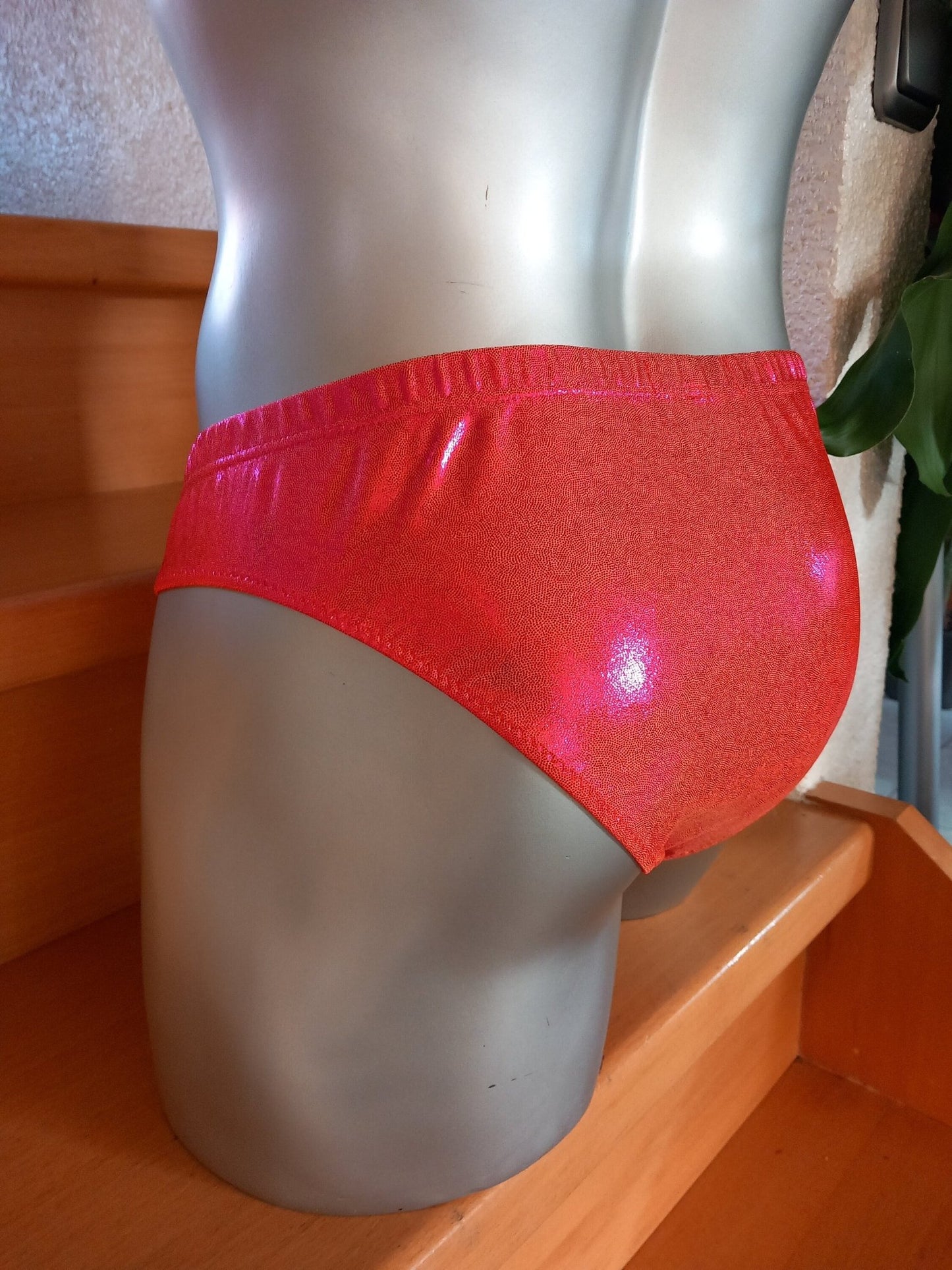 Badehose Slip Tanga elastisches Lycra neonorange mit Hologramm Glitzer Gr. M/L Unikat - SEXSENSE