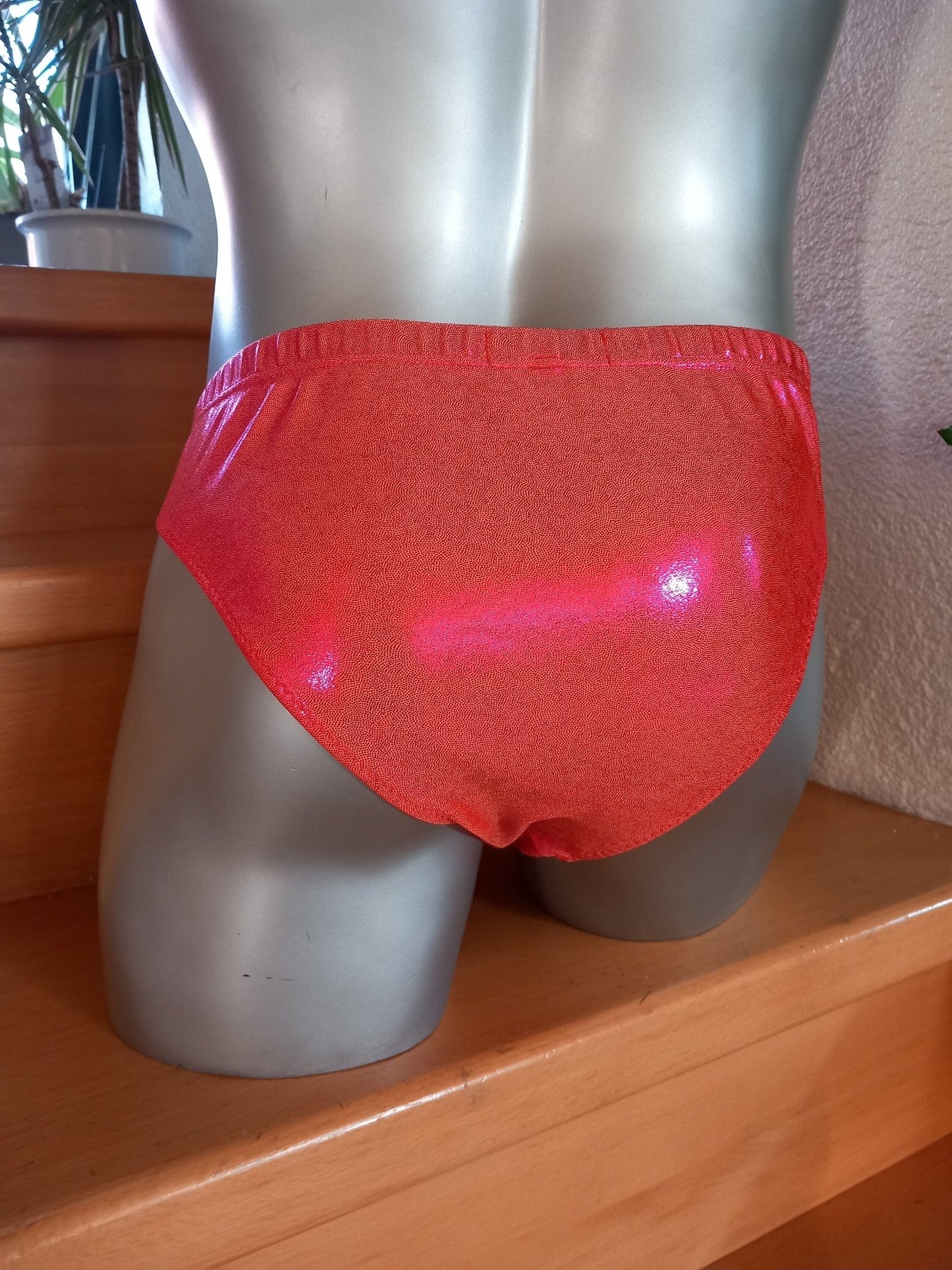Badehose Slip Tanga elastisches Lycra neonorange mit Hologramm Glitzer Gr. M/L Unikat - SEXSENSE