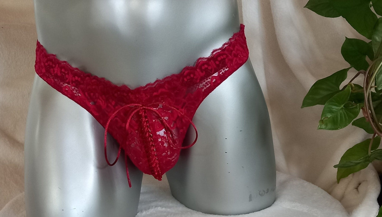 Spitzen - String mit Front - Schnürung Herren Lingerie Dessous Unikat Corsagen - Suspensorium NEU in Bordeaux - SEXSENSE