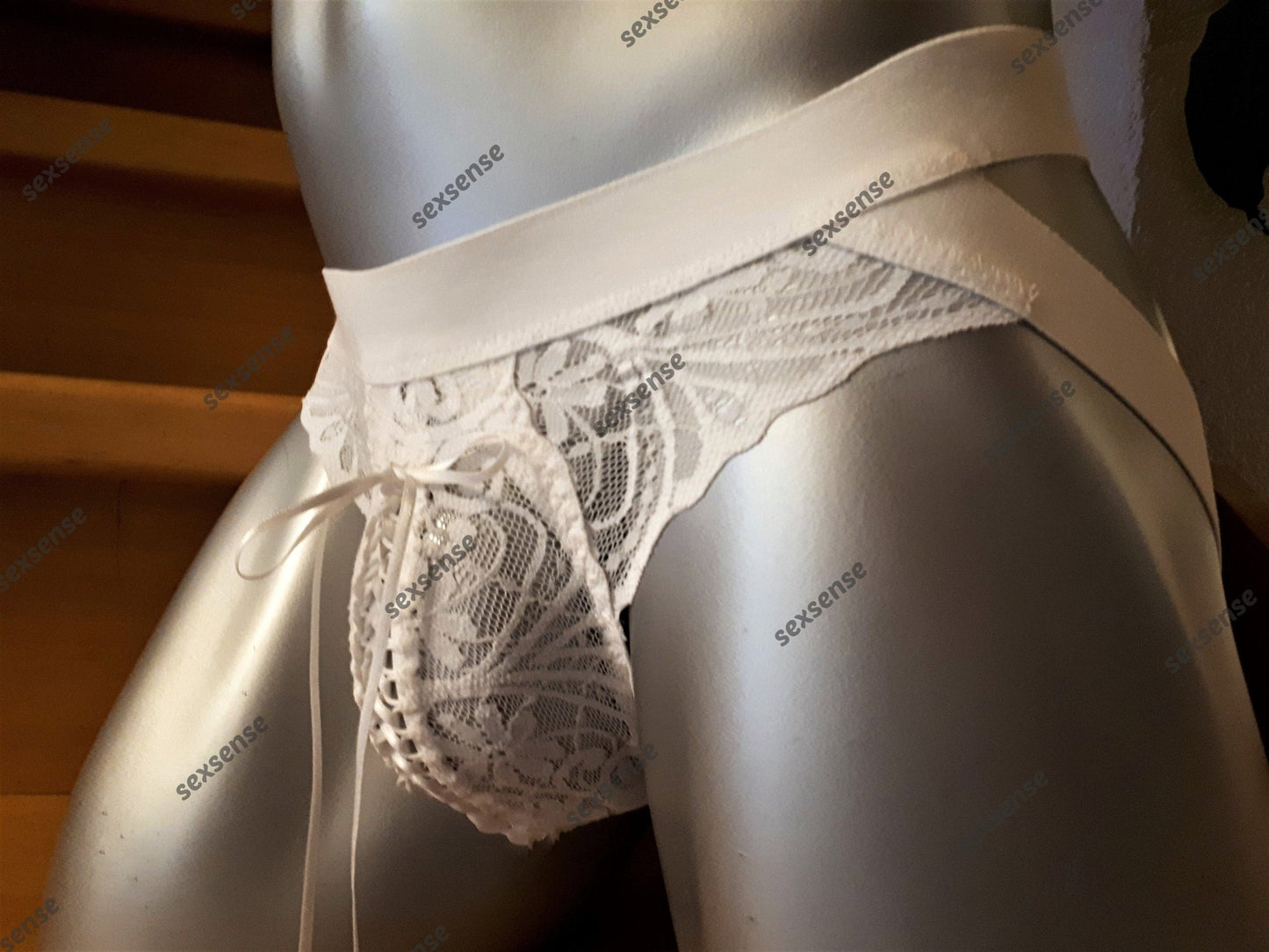Corsagen Thong weiß elastische Spitze Sissy Unikat Suspensorium geschnürt - SEXSENSE
