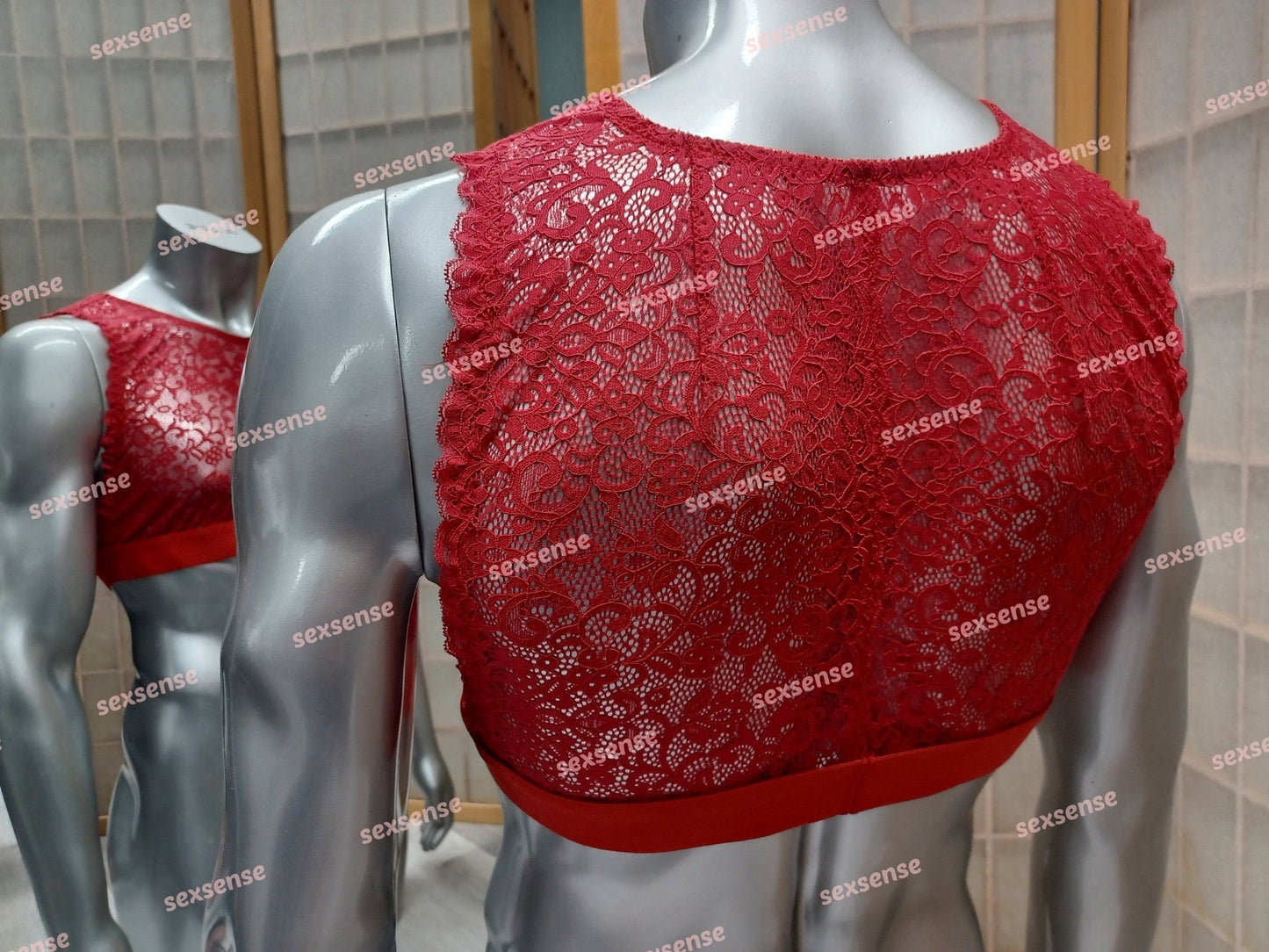Bustier BH Sissy Unterwäsche en femme die elastische Spitze ist rot und eng anliegend - SEXSENSE