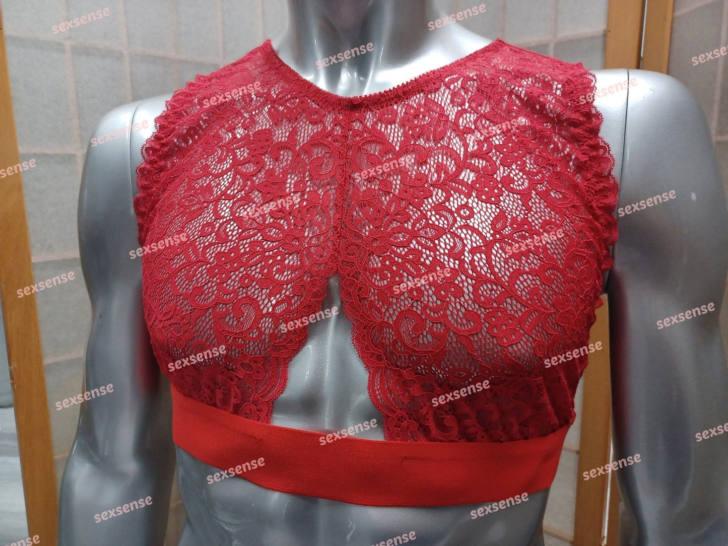 Bustier BH Sissy Unterwäsche en femme die elastische Spitze ist rot und eng anliegend - SEXSENSE