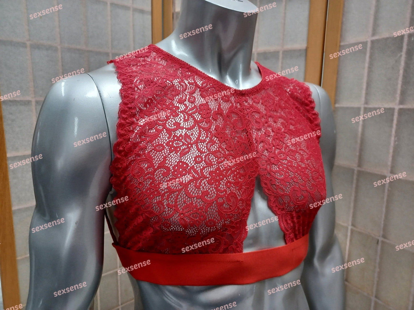 Bustier BH Sissy Unterwäsche en femme die elastische Spitze ist rot und eng anliegend - SEXSENSE