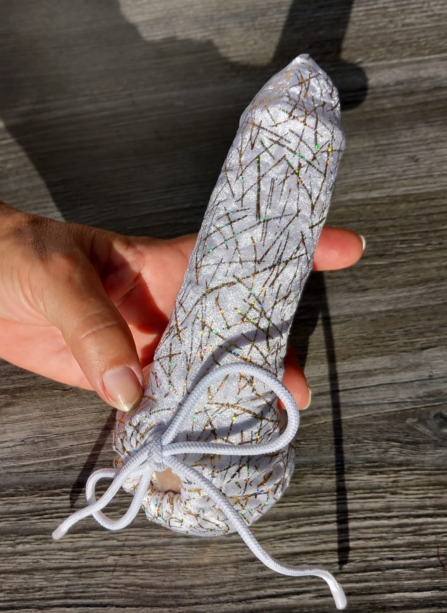 Penissocke Lümmeltüte Juwelensäckchen weißer Lycra Samt mit Hologramm Glitter Gold Glockenhalter Willyärmer - SEXSENSE