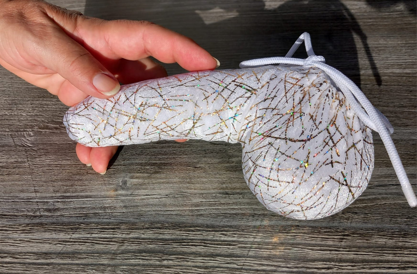 Penissocke Lümmeltüte Juwelensäckchen weißer Lycra Samt mit Hologramm Glitter Gold Glockenhalter Willyärmer - SEXSENSE