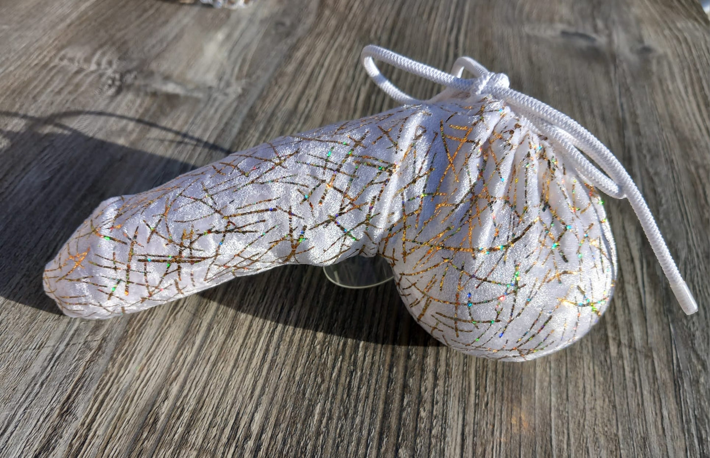 Penissocke Lümmeltüte Juwelensäckchen weißer Lycra Samt mit Hologramm Glitter Gold Glockenhalter Willyärmer - SEXSENSE