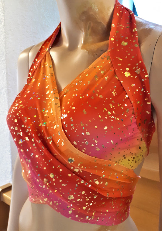Bandage Wickeltop oder Bikini Oberteil in gelb/orange/pink mit Gold Metallic Blättchen bauchfrei aus Tanzsport-Lycra 