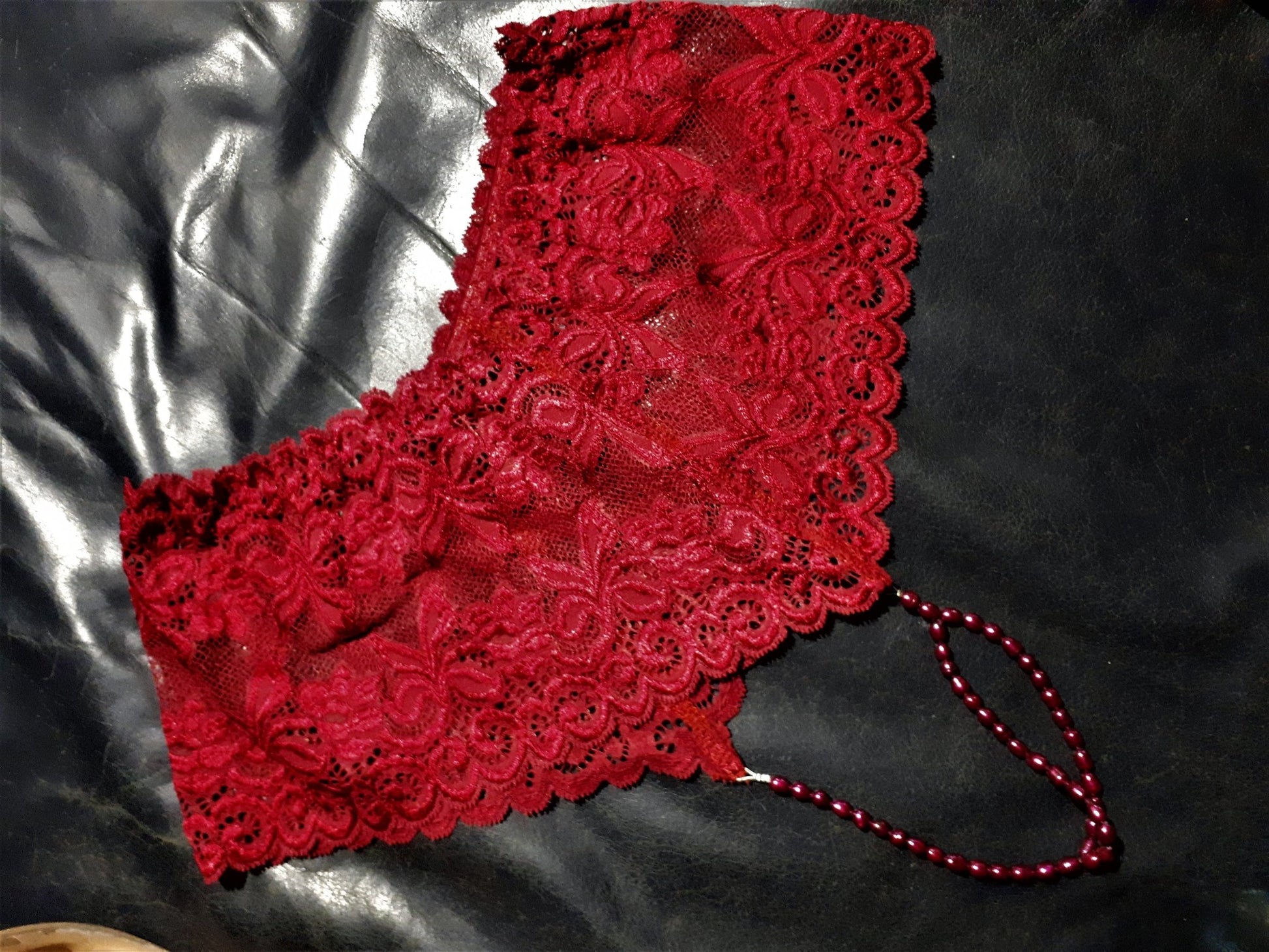 Damen Perlen String rot elastische Spitze mit echte Süßwasser - Perlen Dessous sexy Lingerie Slip - SEXSENSE