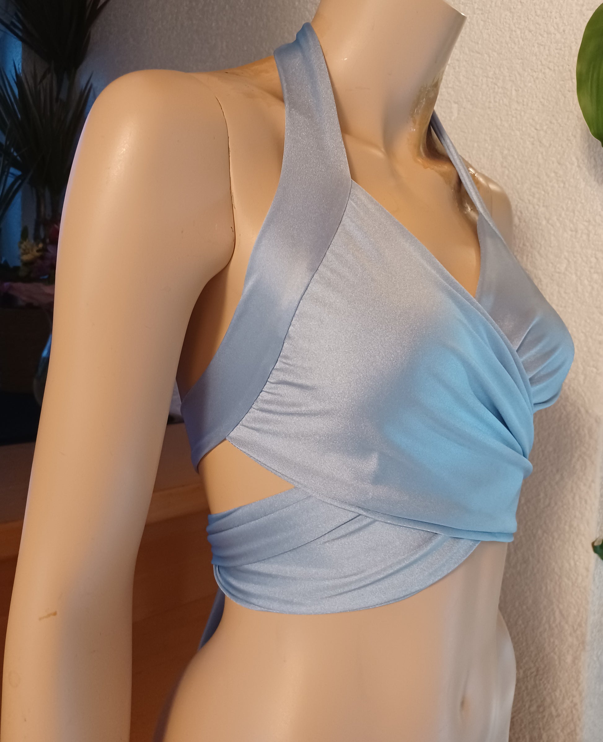 Bandage Wickel-Top Bikini Oberteil Hellblau bauchfrei Tanzsport-Lycra