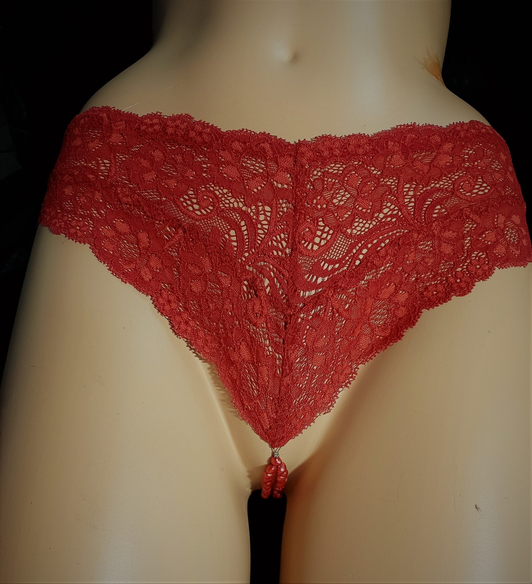 Damen Perlen String rot elastische Spitze mit echte Süßwasser - Perlen Dessous sexy Lingerie Slip - SEXSENSE