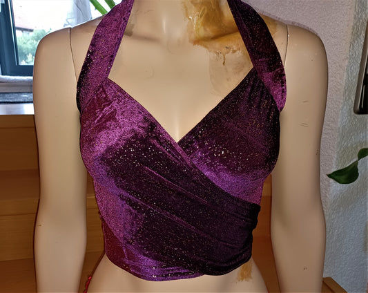 Bandage Wickel-Top Bikini Oberteil in beerenfarben mit Gold Metallic Glitter bauchfrei aus Samt Tanzsport-Lycra 