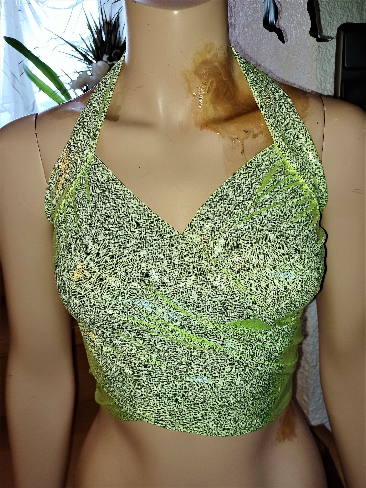 Bandage Wickel - Top Bikini Oberteil Neongelb mit Silber laminiert bauchfrei Tanzsport - Lycra - SEXSENSE