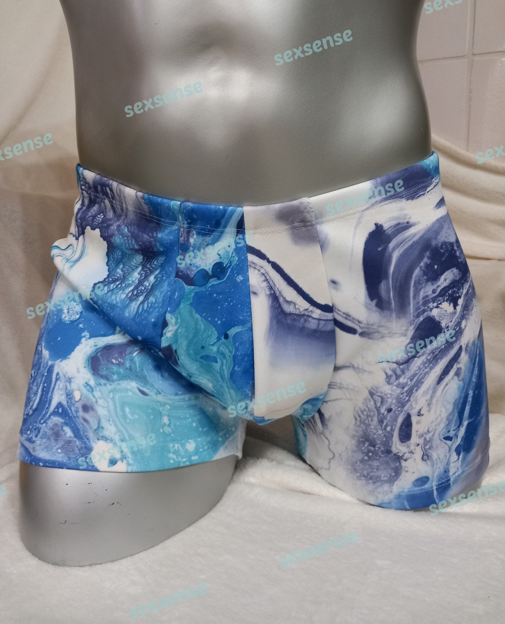 Boxershorts Badeshorts Badehose elastischer Scuba Jersey in Blau Marmor Optik - SEXSENSE