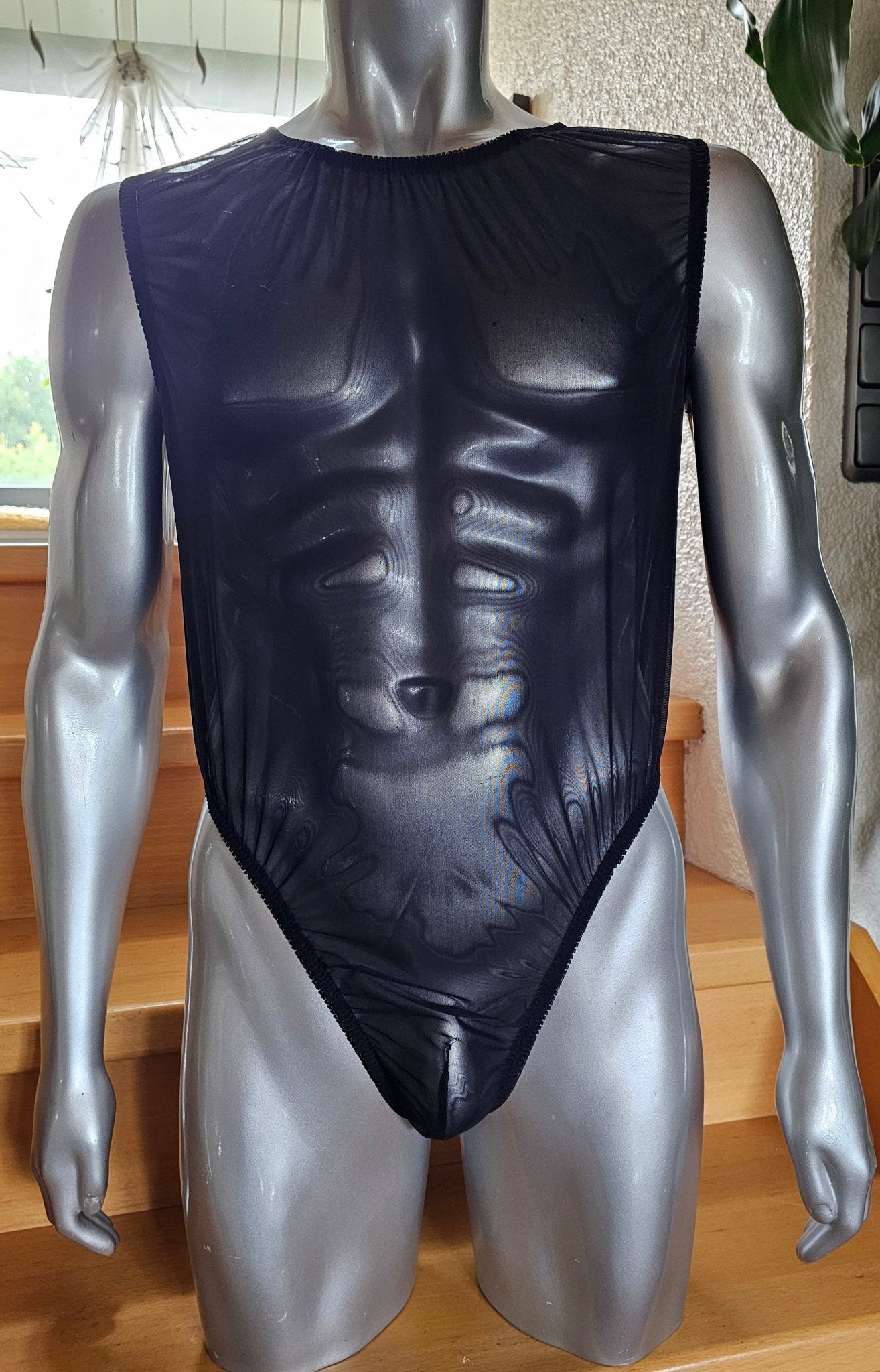 Herren Body Unterwäsche elastisches  Nylon Mesh in schwarz transparenter Einteiler