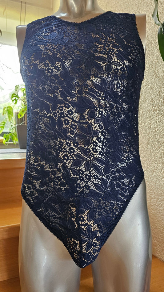 Herren String - Body aus elastischer dunkelblauer Spitze sexy transparent - SEXSENSE