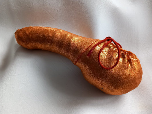 Penissocke aus elastischem Lycra Samt in Kupfer Metallic. Vorne geschlossen mit Gummibändel zum Schnüren