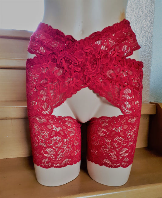 Stay Hip, Oberschenkelschoner elastische Spitze in rot Gr 36-42, Dessous, Lingerie, Strumpfband ouvert Maßgefertigt sexy Toy