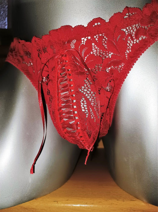 Spitzen - String mit Front - Schnürung Herren Lingerie Dessous Unikat Suspensorium geschnürt Gr XS - L, hellrot - SEXSENSE