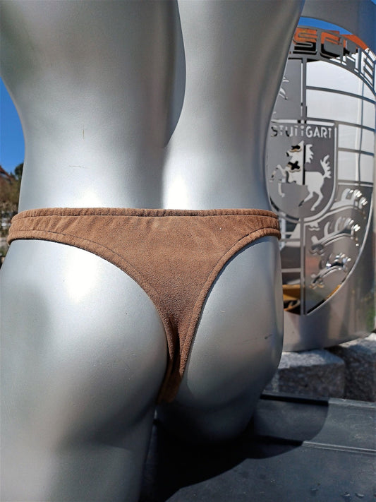 Lederimitat Herren String Unterwäsche Badehose Suede Waschleder in rehbraun Unikat - SEXSENSE
