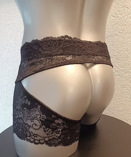 Herren Boxershorts aus schwarzer Spitze  Po-offene Unterwäsche open Butt Reizwäsche ouvert Fetisch