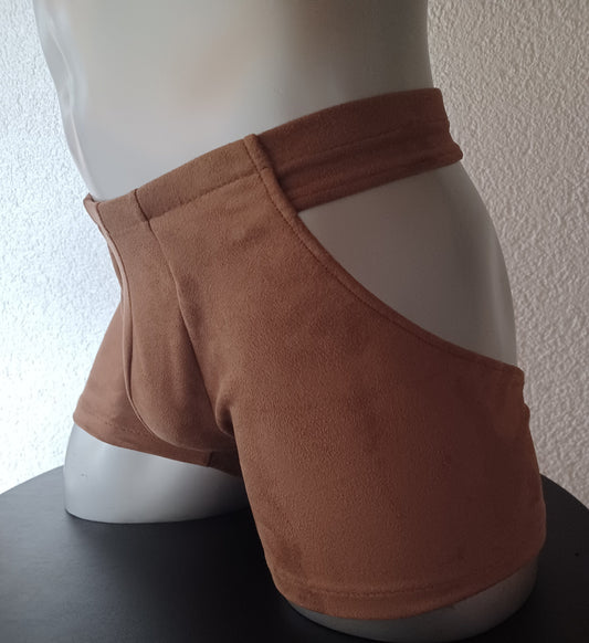 Open Butt Reizwäsche in ouvert Wildleder antik dunkelbraun. Herren Dessous im Boxershorts Stil