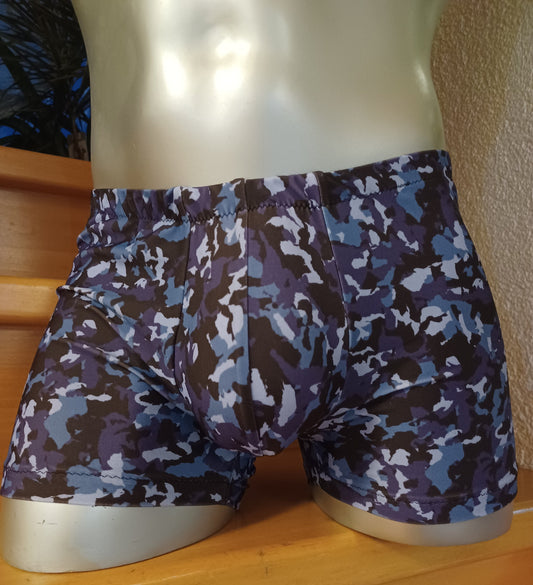 Boxershorts aus hochelastischem Lycra in Blau Camouflage mit oder ohne Po