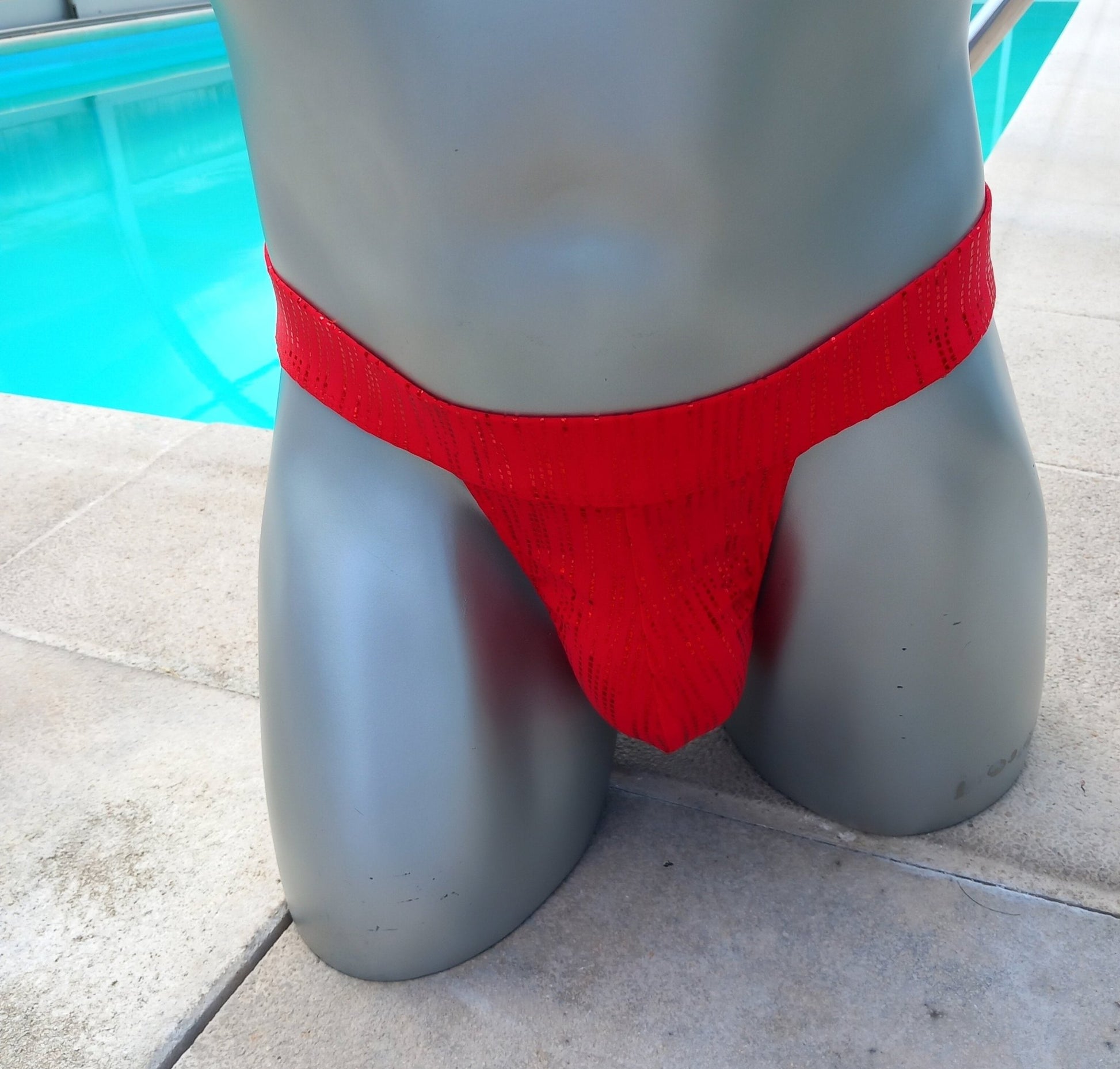 Badestring Herren Badehose Stretch Lycra rot mit Metallic, breiter Gummibund - SEXSENSE