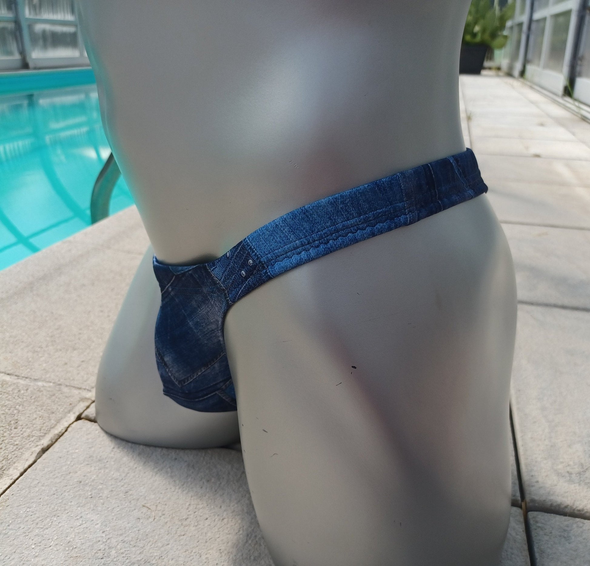 Herren String Badehose Jeansoptik Scuba - Jersey in blau - tönen - SEXSENSE