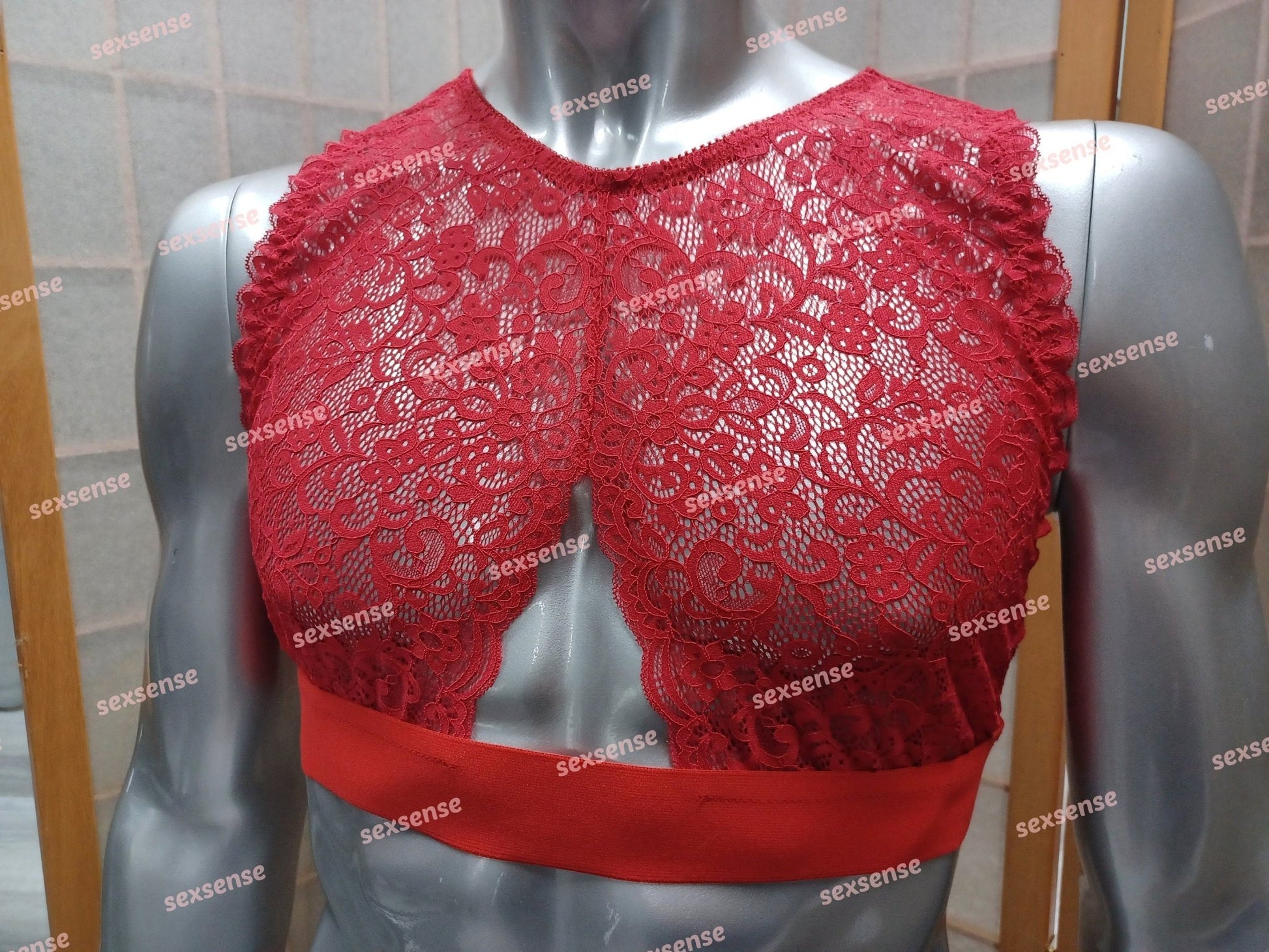 Bustier BH Sissy Unterwäsche en femme die elastische Spitze ist rot und eng anliegend - SEXSENSE