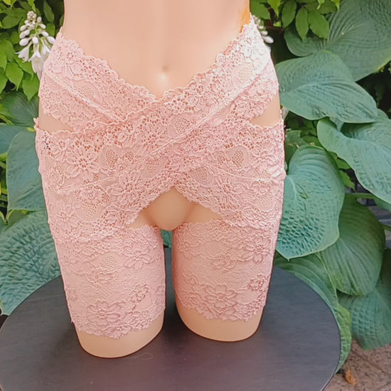 Stay Hip Oberschenkelschoner elastische Spitze in Aprikot süßes Dessous/Lingerie  2-teilige  Strumpfbänder ouvert